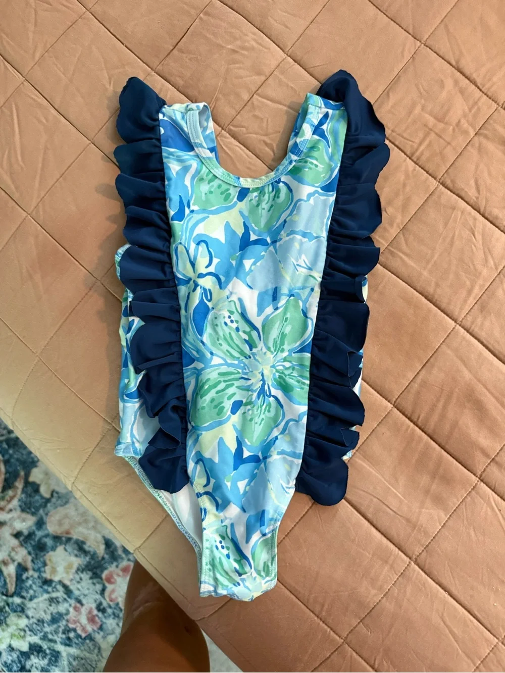 Toddler Floral Blue & Navy Ruffle One-Piece Swimsuit